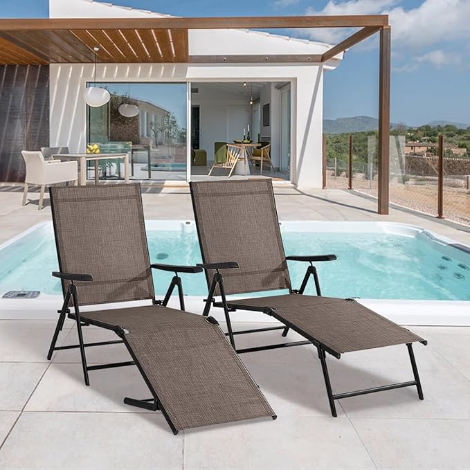 MFSTUDIO 2 Piece Outdoor Folding Patio Chaise Lounge Chairs, Set of 2 Outdoor Textiline Recliner Chairs Patio Lounge with 7 Position Adjustable for Beach, Backyard, Poolside, Lawn(Brown)