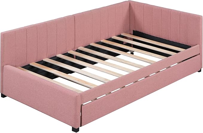 Harper & Bright Designs Upholstered Daybed with Trundle Twin Size Sofa Bed Frame No Box Spring Needed, Linen Fabric(Pink)