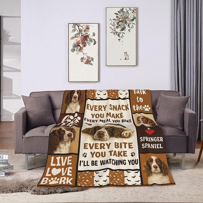 Springer Spaniel Blanket English Springer Decor Throw Blanket Super Soft Flannel Fluffy Plush Cozy Fuzzy Fleece Stuff Blanket Gifts for Dog Lover Woman Girl Kids Adults for Bed Sofa Couch 50"X60"