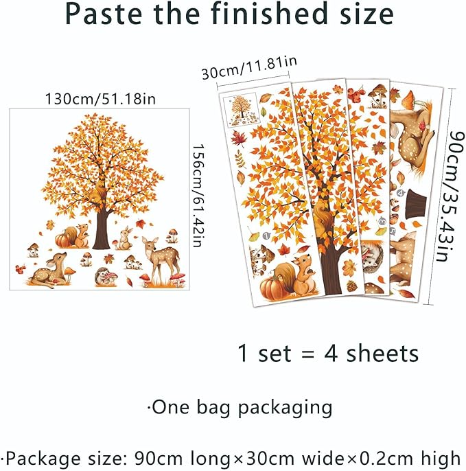 Large Autumn Fall Maple Tree Wall Decals Woodland Animals Creactures Mushroom Wall Stickers for Autumn Party Decorations Bedroom Living Room Wall Decor