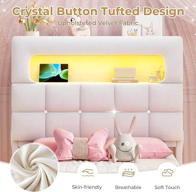 MSmask Twin Upholstered LED Bed Frame with 2-Tier Storage Bookcase Headboard, Velvet Princess Bed with Crystal Button Tufted Headboard & Charging Station, Girls Platform Bed, Curved Legs, White