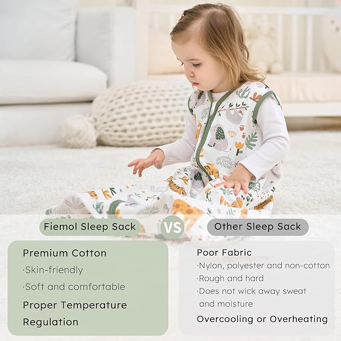 Baby Sleep Sack 0-6 months, 100% Cotton Sleeping Sack for Newborn and Infant, 3 Pack Baby Wearable Blanket for Boy and Girl, 0.5 Tog Lightweight Double Zipper Sleep Bag Green Brown Giraffe