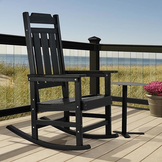 VEVOR 2 Pcs Porch Rocker, HIPS Outdoor Rocking Chair, High Back Patio Rocking Chair with Smooth Armrests, Supports up to 400 lbs, for Garden, Balcony, Porch, Black