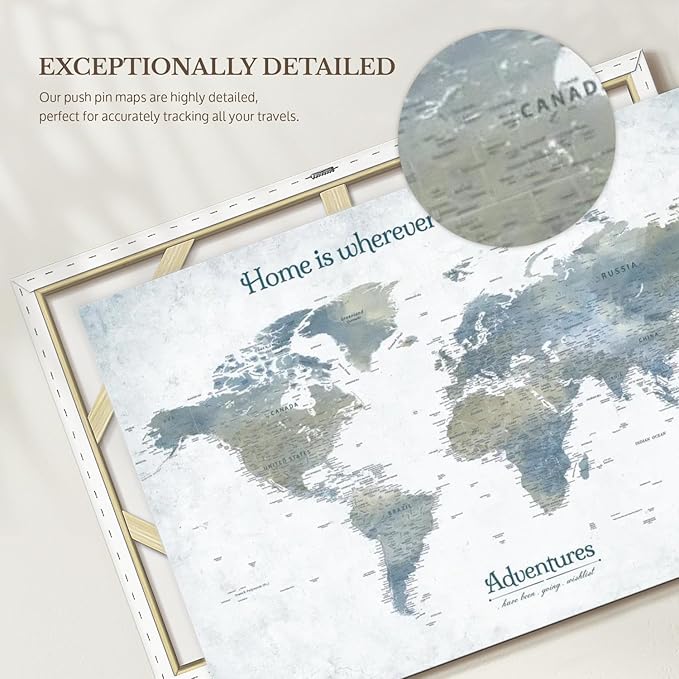 ElephantStock - Home With You II Push Pin World Map Wall Art - Horizontal Canvas Wall Art - Living Room Wall Decor - Digital Art Map Canvas Art - Blue And Gray Decor - 39" x 26"