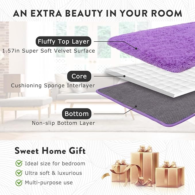 Shag Rugs 8x10 Purple Rug for Living Room Bedroom Decor, Large Fluffy Shaggy Rug for Kids Girls Dorm, Soft Fuzzy Plush Carpet