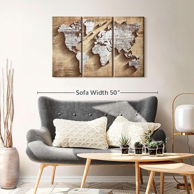 ElephantStock Dimensional World Map II Multi Piece Canvas - 3 Piece Canvas World Map Wall Decor - Wall Decor, Ready-to-Hang Print - Vintage Wall Art - 38" X 24"