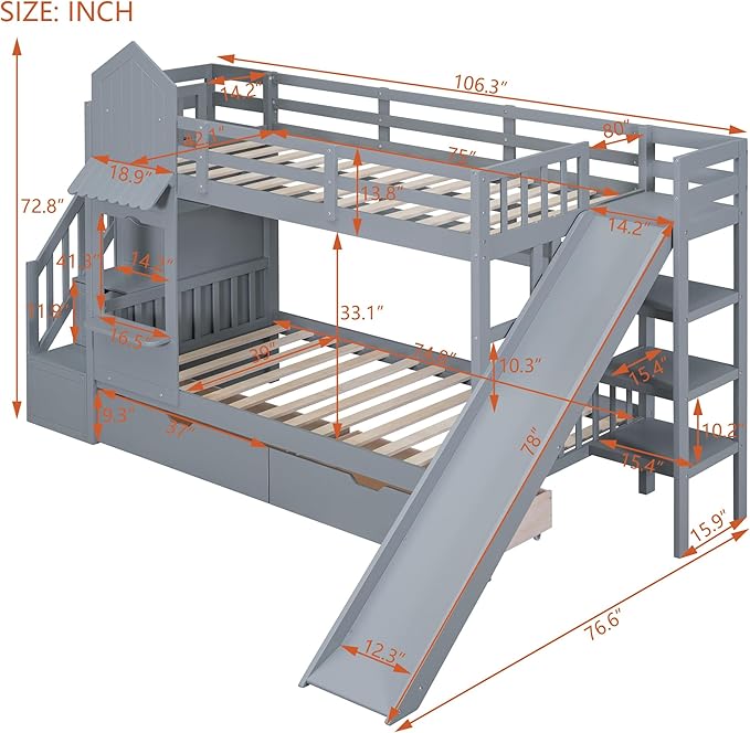 Full-Over-Full Castle Style Bunk Bed with 2 Drawers and 3 Shelves, Wood Bunk Bed Frame with Slide and Storage Staircase for Kids Teens Boys Girls, Maximize Space Savings