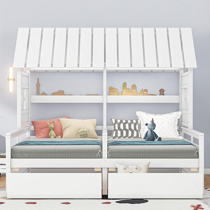 Harper & Bright Designs Twin Size House Platform Beds with Two Drawers for Boy and Girl Shared Beds, Combination of 2 Side by Side Twin Size Beds,White