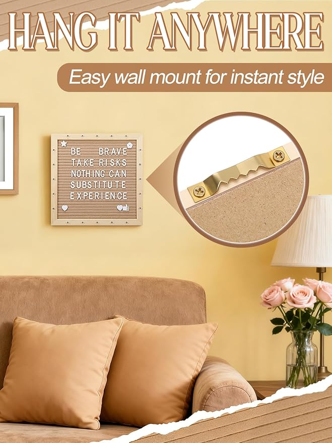 Changeable Felt Letter Board with LED Lights - 10×10" Message Custom Signs & Wood Stand & 450 Letters, Poster Board for Christmas/Pregnancy/Baby Announcement/Classroom Wall Decor Gifts, Camel