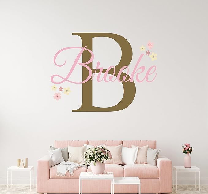 Custom Name and Initial Flower Wall Decals - Personalized Nursery Name Sticker for Girls - Vinyl Wall Art for Baby Room - Flowers Name Stickers Decor - Flower Mural Sticker for Girls Bedroom