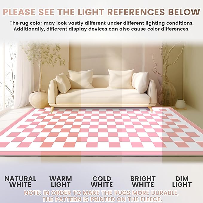 Washable 9x12 Checkered Area Rug for Living Room, Pink Checkerboard Modern Boho Large Rugs, Ultra Thin Low Pile Lightweight Soft Indoor Carpet with Non-Slip Backing for Bedroom Kids Nursery Play Room
