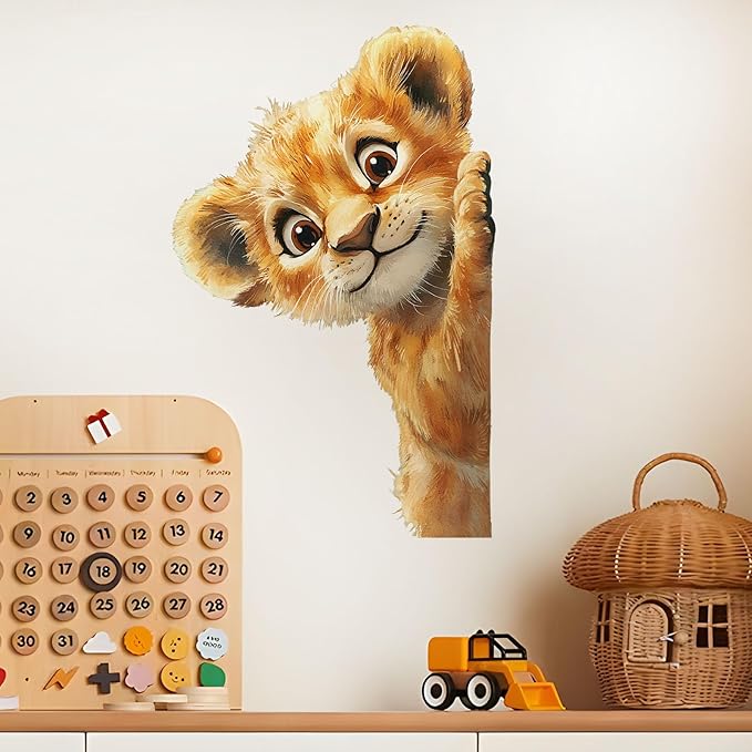 Baby Lion Wall Decals Removable Cartoon Animal Cub Peeking Vinyl Stickers for Nursery Living Room and Kids Playroom Jungle Theme Decor Peel and Stick Wall Art