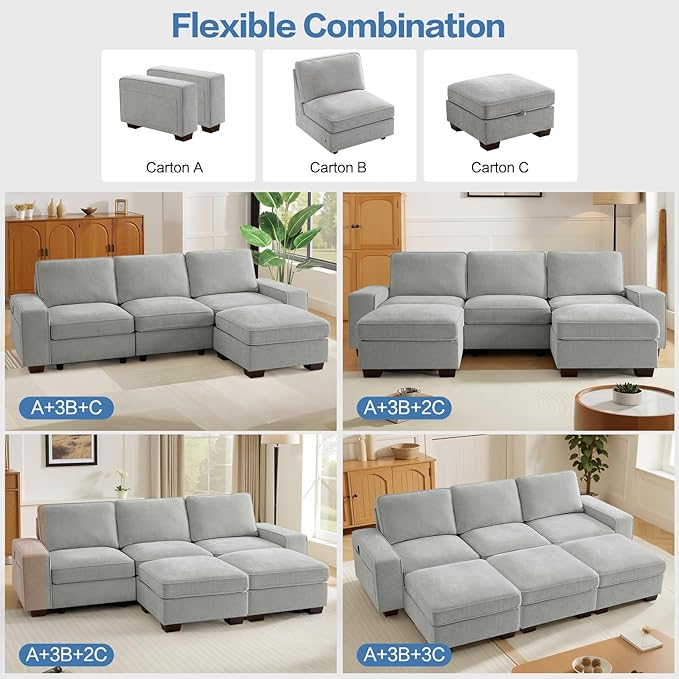 TEKAMON 100"" Modular Sectional Sofa with Seats Storage, U Shaped Couch with Movable Ottomans, Chenille Fabric Couch for Living Room, Removable Cover (LightGrey, 3 Seater & 2 Ottomans-U Shape)