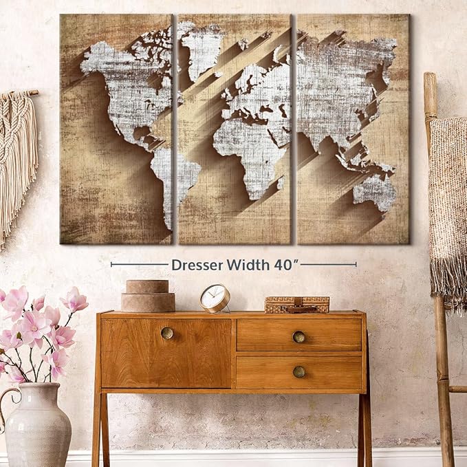 ElephantStock Dimensional World Map II Multi Piece Canvas - 3 Piece Canvas World Map Wall Decor - Wall Decor - Ready-to-Hang Print - Vintage Wall Art - 57" X 36"