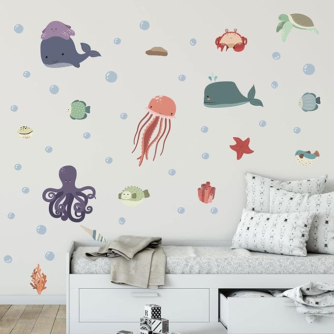 Sea Life Wall Decals Removable Vinyl Ocean Decor Stickers for Boys Girls Bedroom Bathroom Baby Room Nursery Classroom Decoration