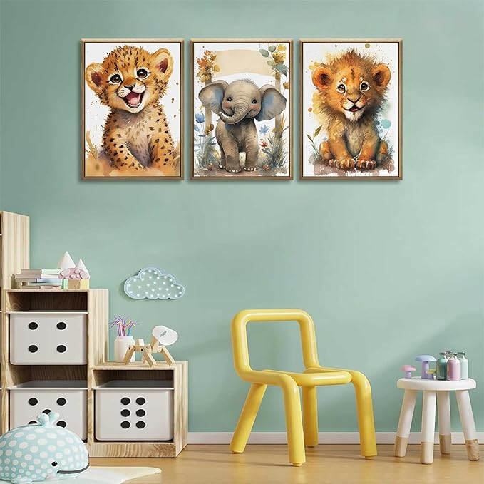 3Pcs Baby Safari Animal Wall Art Jungle Watercolor Animal Wall Decor Picture Painting Nursery Poster Prints Artwork for Boy Girl Room Home Decoration Unframed 16x24 In