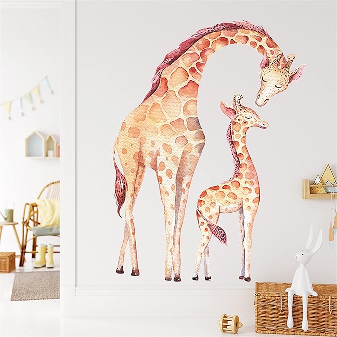 ROFARSO Lifelike Cute Lovely Mother and Child Giraffe Animal Wall Sticker Removable Wall Decal Peel and Stick Wall Art Decoration Home Decor for Nursery Kid Baby Bedroom Living Room Playing Room Mural