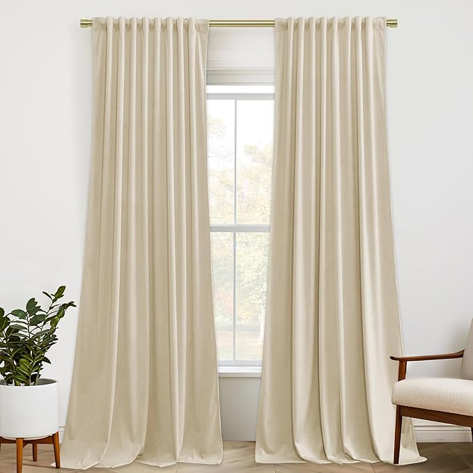 StangH Beige Velvet Curtains 94 inches Long Back Tab Soft Thermal Insulated Light Filtering Window Drapes Privacy Home Decor for Bedroom Living Room, W52 x L94, 2 Panels