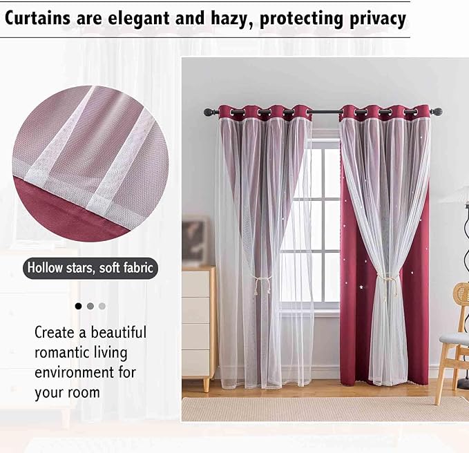 Anytime Romantic Kids Curtain,Hollow-Out Stars Window Curtain Double Layer Blackout Curtains for Girls Bedroom Kids Room 2Panel,(W52 x L95,Wine Red)