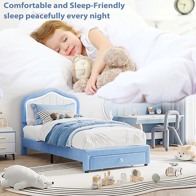 GarveeHome Twin-XL Upholstered Bed Frame with Storage Drawer and Smart Led Headboard, Twin-XL Size Platform Bed Frames for Kids, Wooden Slats Support, No Box Spring Needed, Easy Assembly, Blue
