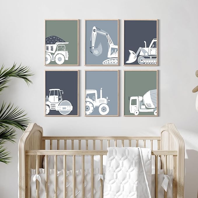 Pouydmi Construction Truck Wall Art Nursery Canvas Wall Decor Boys Room Wall Art Kids Car Posters Toddler Prints Nursery Artwork Excavator Tractor Pictures for Playroom Bedroom 12x16x6 Inch Unframed