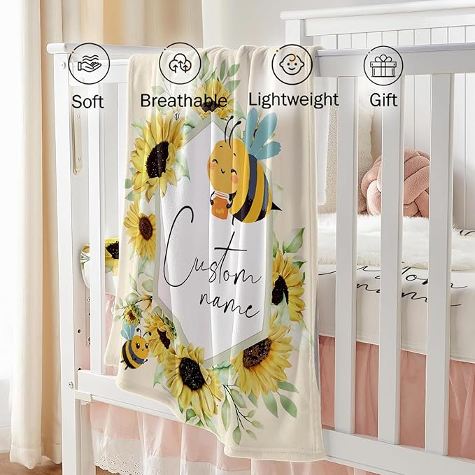Custom Baby Crib Bedding Set - Yellow Bee Design Personalized Name Baby Nursery Bedding 3 Pcs Set - Chic Soft Blanket, Fitted Sheet, Room Rug for Newborns Boys Girls Gifts