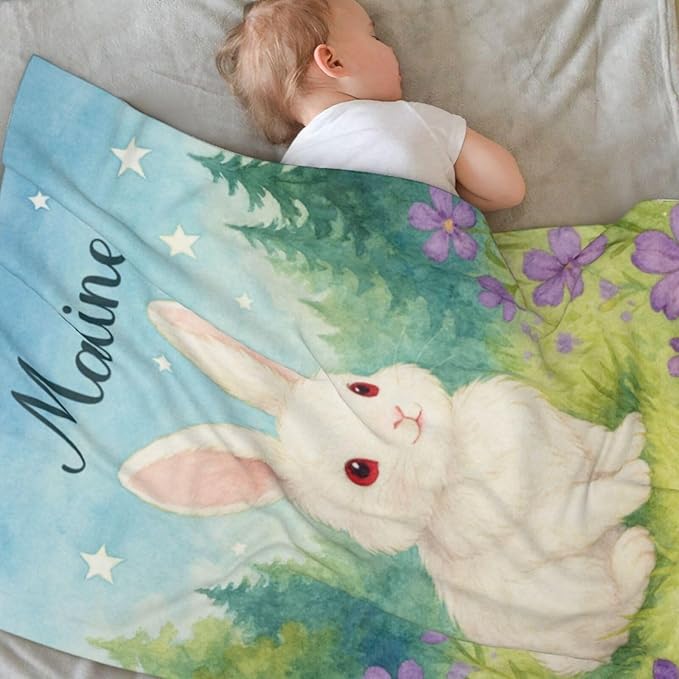 Ship Next Day Personalized Baby Blanket for Kids, Custom Baby Blanket with Name, Super Soft Flannel Blankets, Custom Cute Rabbit Animal Blankets Baby Gifts for Christmas.