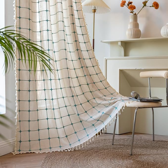 Deeprove Boho Curtains 63 Inches Length for Kitchen Cafe, Cotton Linen Plaids Beige Turquoise Teal Embroidery Semi Blackout Bohemian Farmhouse Window Treatment Grids Drape Tassels, 1 Panel W52 x L63