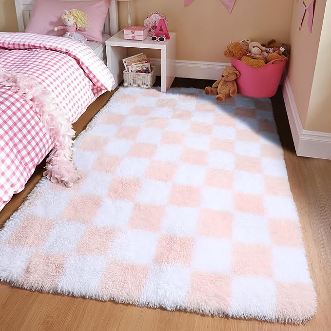 KICMOR Pink Rugs for Bedroom Girls, 3x5 Small Fluffy Soft Bedside Checkered Area Rug, Cute Fuzzy Shag Shaggy Non-Slip Indoor Floor Carpet for Living Room Kids Teen Dorm Nursery Home Decor Aesthetic