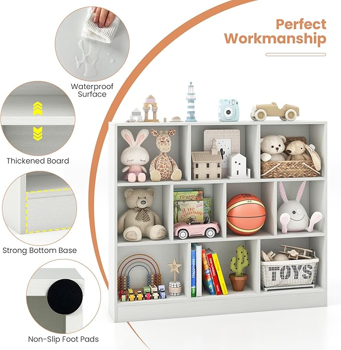 Costzon 10-Cube Bookshelf for Kids, Wooden Toy Storage Organizer w/ 2 Anti-Toppling Kits, 3 Tier Open Shelves & Non-Slip Foot Pads, Montessori Toy Shelf for Kids Rooms, Playroom, Classroom, Nursery