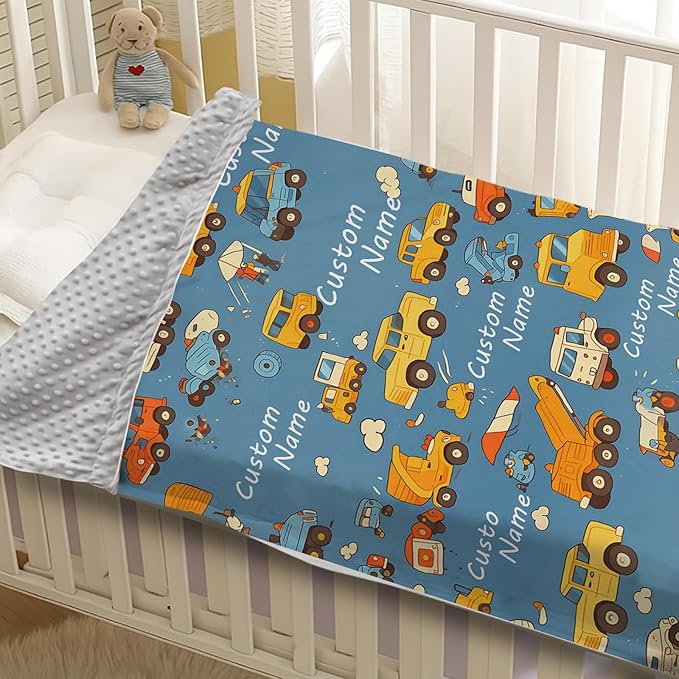 Custom Baby Blanket - Cartoon Cars Design Personalized Name Blanket, Soft Flannel Dot Infant Toddler Blanket for Boys, Customizable Nursery Bedding (47" x60)