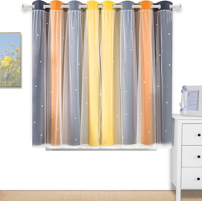Kinryb Nursery/Kids/Girls Room Star Cut Out Blackout Rainbow Curtain with Sheer Overlay 2 Panels, Each 52 inch Wide,45 inch Length with White Gauze,Ombre Stripe Rainbow Curtains (2 Panels,52x45 Inch)