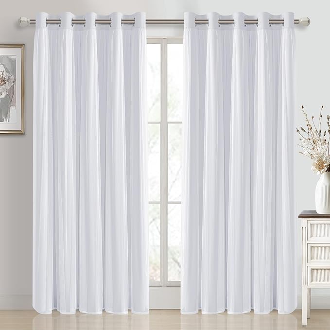 DWCN White Blackout Curtains with Sheer Overlay Thermal Insulated Mix & Match Double Layer Window Panels for Bedroom Living Room Drape Sewn with Tiebacks Grommet Top 60" Wx84 Lx2