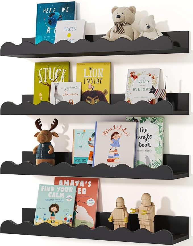 Kids' Bookshelf Set of 4 - Black Floating Nursery Book Shelves, Picture Ledge Shelf for Wall Decor and Storage - Perfect for Books, Toys, Photo Frames, and Nursery Décor