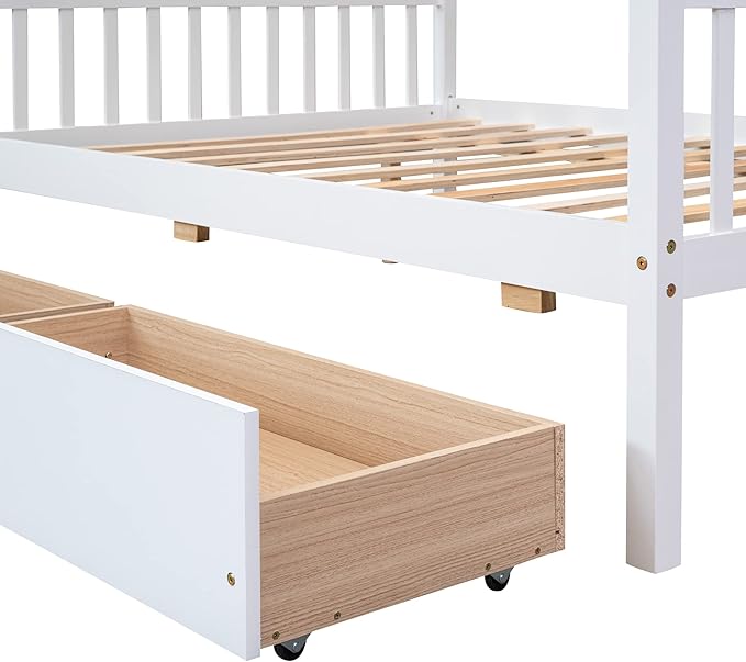 Harper & Bright Designs Full Size House Bed for Kids With Two Drawers, Wooden Frame With Storage, Roof Design for Girls Boys, White