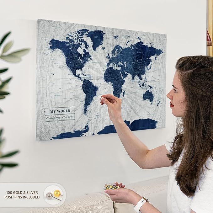 ElephantStock - My World Push Pin Map V Wall Art - Horizontal Canvas Wall Art - Living Room Wall Decor - Unique Map Canvas Art - Gray And Blue Decor - 30" x 20"