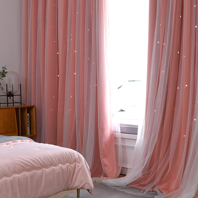 Kinryb Princess Curtains for Girls Bedroom with Sheer Overlay,Double Layer Curtain for Living Room with Star Cutout, Curtains for Kids Room (70 W*84 L Inches,2 Pcs Coral)