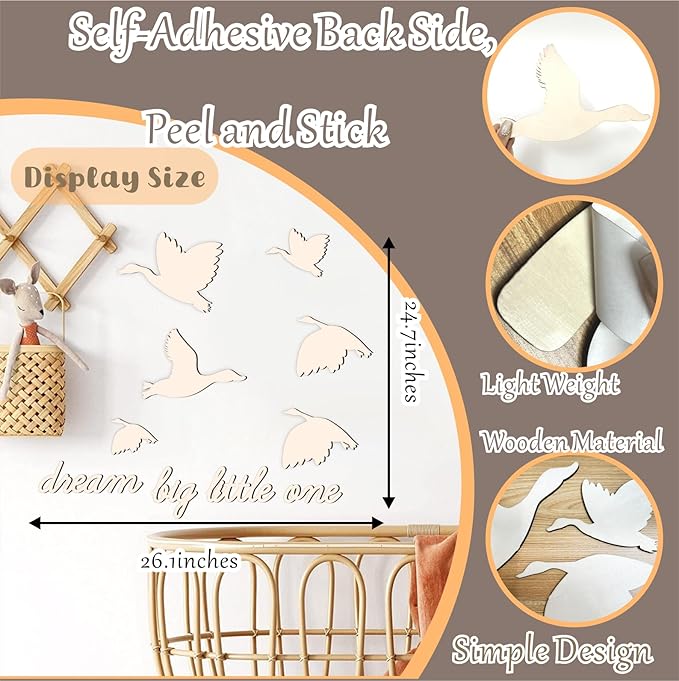 Dream Big Little One Wooden Walls Decor Baby Room Arts Decals Nursery Wall Art Sign Sticker Peel and Stick Colorable Inspirational Art Decoration for Kids Boys Girls Bedroom Playroom Decor-10pcs