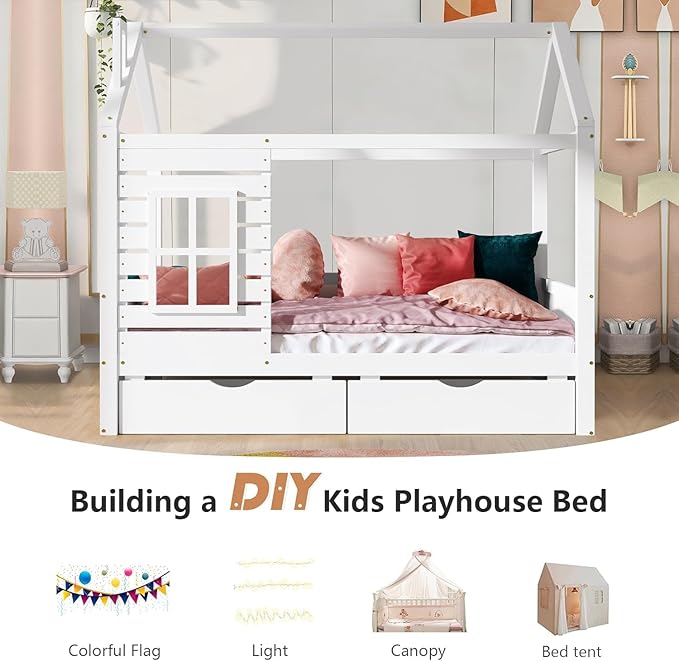 Twin Size Kids House Bed with 2 Storage Drawers, Twin House Bed Frame with Roof and Window, Twin Bed Frames for Kids with Slats, Modern Wooden Montessori Bed for Bedroom, White