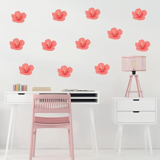Decalcomania Hibiscus Flower Wall Decals - Set of 12 Pink Tropical Wall Stickers for Nursery Bedroom Bathroom Living Room Decor Removable Peel and Stick Indoor Wall Decor
