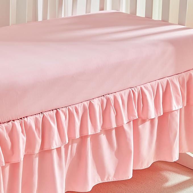 3 Pieces Flowers Mini Crib Bedding Set Baby Ruffled Quilted Comforter with Fitted Sheet and Bed Skirt - Cute Ruffled Shabby Chic Baby Bedding Soft Blanket Floral Design Only for Min Crib