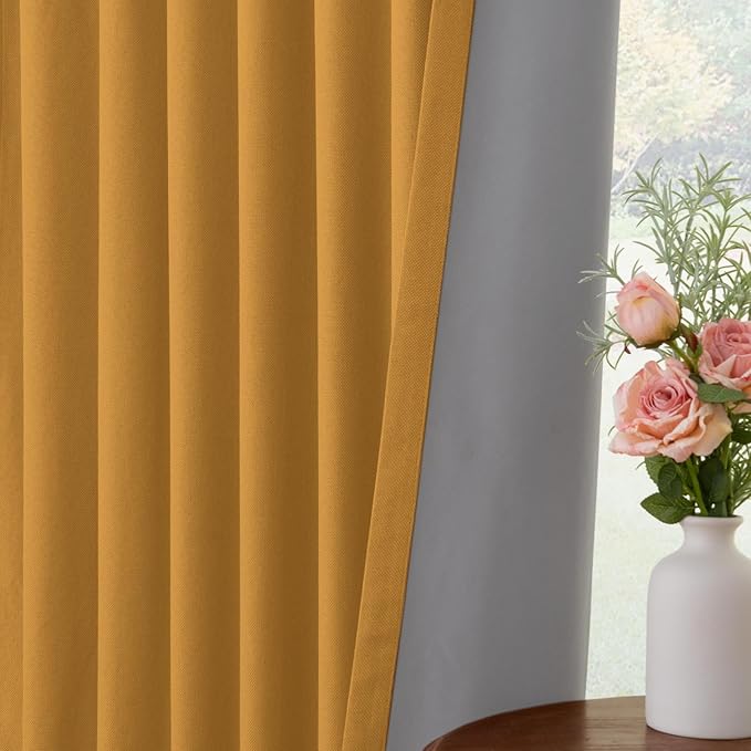 INOVADAY 100% Blackout Curtains for Bedroom, Black Out Curtains 102 Inch Long, Clip Rings Linen Blackout Drapes, Thermal Insulated Room Darkening for Living Room, 2 Panels - Mustard Yellow,W50xL102