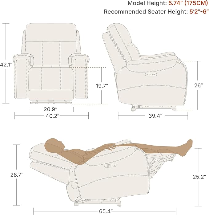 CHITA Large Power Zero Gravity Recliner Chair, Genuine Leather Recliner Chair for Adults with Adjustable Power Headrest and Hidden Slide-Out Cupholders, USB and Type-C Ports, Creamy Grey