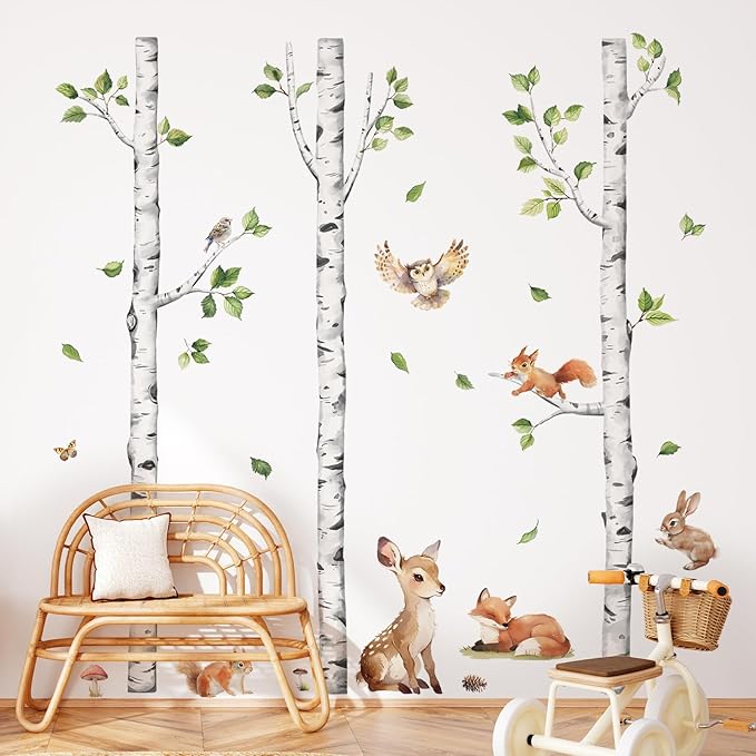 Tanlaby Large White Birch Tree Wall Decals Forest Animals Wall Stickers Woodland Trees Wall Decals Deer Fox Sticker Art Decor for Baby Nursery Boys Kids Toddler Bedroom Playroom Classroom