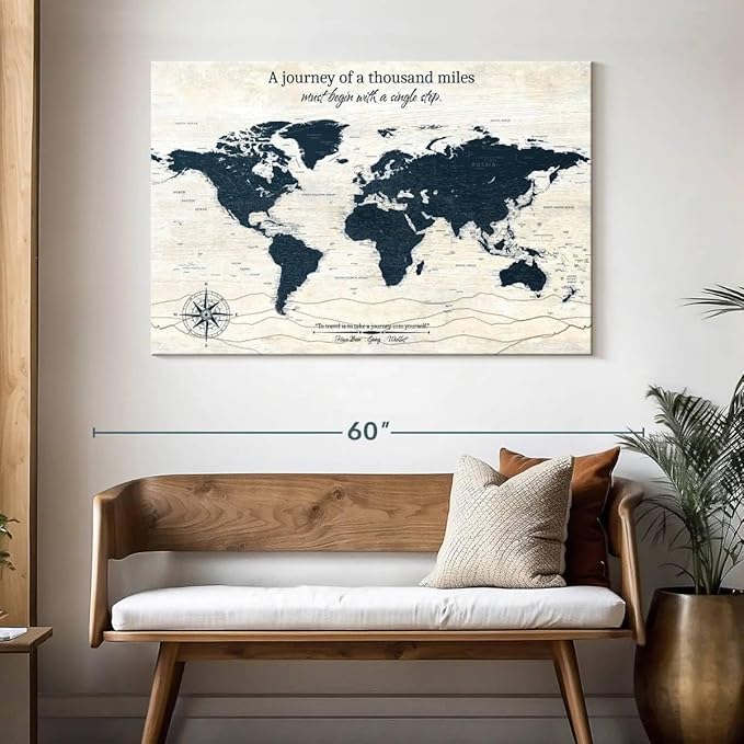 ElephantStock - A Journey I Push Pin World Map Wall Art - Horizontal Canvas Wall Art - Living Room Wall Decor - Digital Art Map Canvas Art - Blue And Beige Decor - 48" x 32"