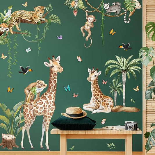 Jungle Safari Watercolor Wall Stickers - Large Removable Animal Wall Decals (Leopard, Giraffe, Monkey, Koala) with Tropical Plants Vines & Butterflies DIY Nursery Decor for Kids Bedroom, Classroom