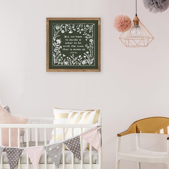 pechpell 11.8 Inch Nursery Wall Decor, Wooden Green Girl Nursery Wall Art with Wreath Sign, Boho Vintage Woodland Nature Themed Kids Room Playroom Table Shelf Baby Shower Decorations for Home