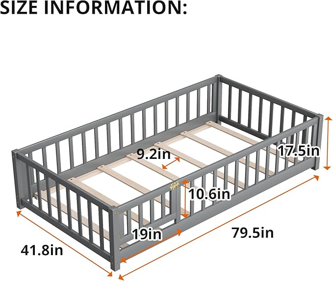 i-POOK Twin Floor Bed for Children, Sturdy Wood Montessori Bed Frame with Wood Slats, Fence & Door, Montessori Floor Bed for Girls and Boys, Gray