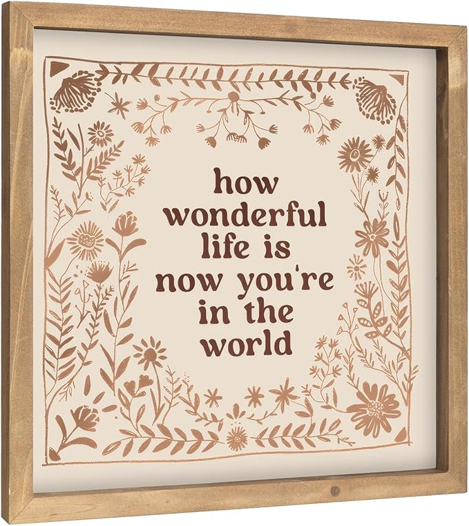 pechpell 11.8 Inch Nursery Wall Decor, Wooden How Wonderful Life Is Now You're In The World Sign, Boho Vintage Baby Girl Woodland Nursery Art Kids Room Table Shelf Decorations for Home Playroom