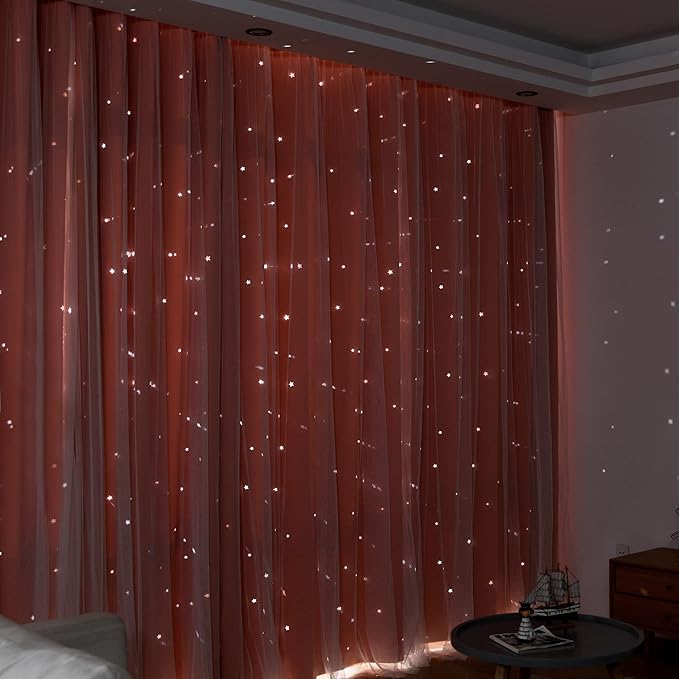 Kinryb Princess Curtains for Girls Bedroom with Sheer Overlay,Double Layer Curtain for Living Room with Star Cutout, Curtains for Kids Room (70 W*84 L Inches,2 Pcs Coral)